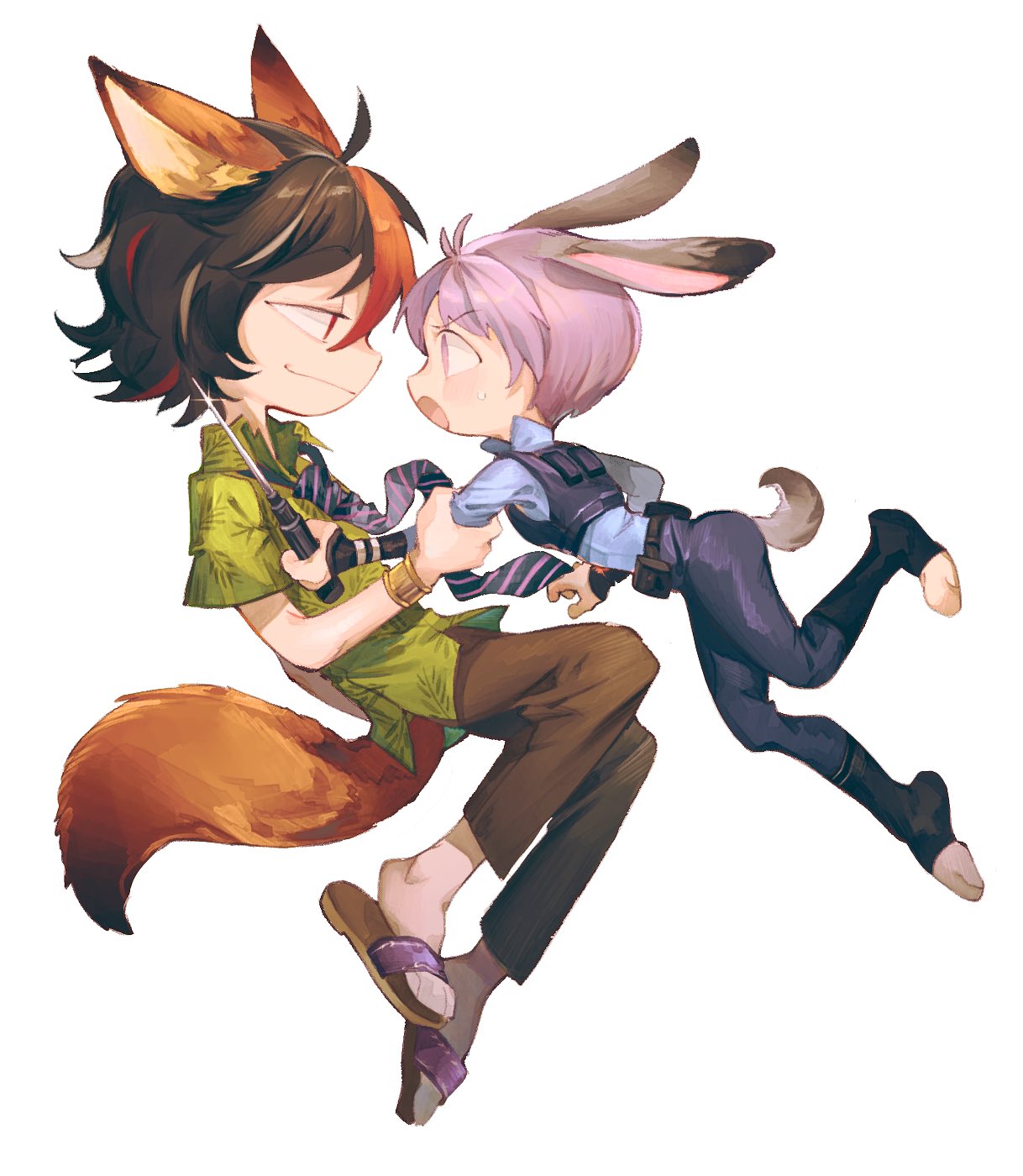 2girls ahoge alternate_costume animal_ears belt black_hair blue_necktie blue_shirt blush brown_pants collared_shirt commentary_request cosplay fox_ears fox_tail full_body green_shirt highres holding_another's_arm judy_hopps judy_hopps_(cosplay) kabocha1408 kijin_seija looking_at_another multicolored_hair multiple_girls necktie nick_wilde nick_wilde_(cosplay) open_mouth pants police police_uniform policewoman print_shirt purple_hair rabbit_ears rabbit_tail red_eyes redhead sandals shirt short_hair short_sleeves simple_background smile streaked_hair striped_necktie sukuna_shinmyoumaru sweatdrop tail touhou uniform utility_belt vest violet_eyes white_background zootopia