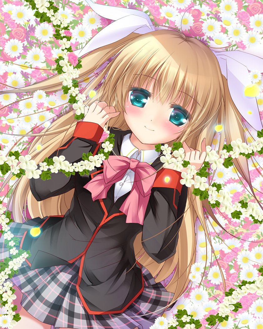 1girl aqua_eyes asahina_yori black_jacket blonde_hair blush bow closed_mouth colored_eyelashes commentary_request cowboy_shot dutch_angle eyes_visible_through_hair flower flower_wreath from_above grey_skirt hair_between_eyes hair_ribbon hair_spread_out hands_up holding_wreath jacket little_busters! long_hair long_sleeves looking_at_viewer lying miniskirt on_back pink_bow pink_flower pink_rose plaid plaid_skirt pleated_skirt ribbon rose school_uniform second-party_source shirt skirt smile solo straight-on straight_hair tokido_saya two_side_up very_long_hair white_flower white_ribbon white_shirt