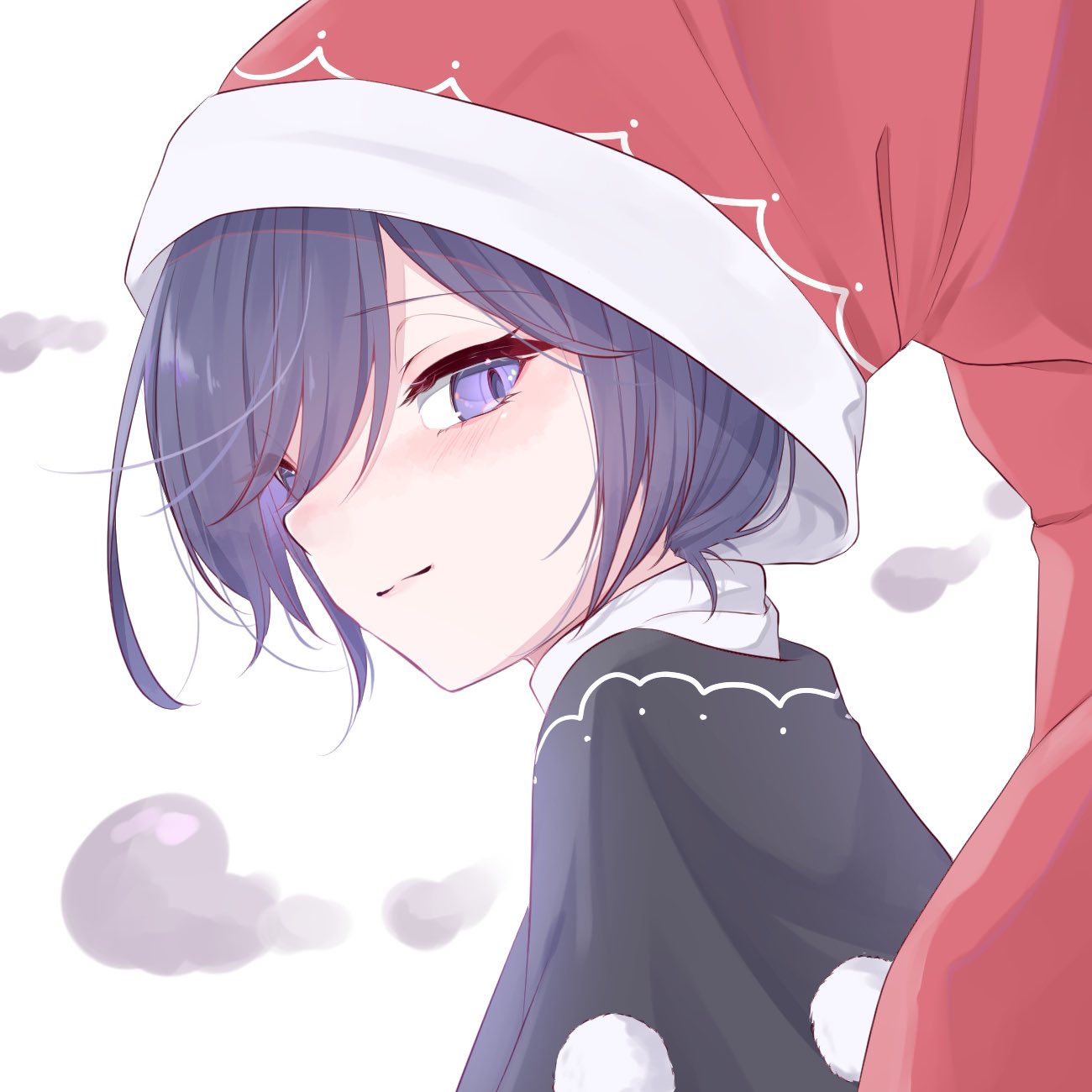 1girl black_capelet blue_eyes blue_hair capelet doremy_sweet eyelashes hat highres light_blush light_smile lone_nape_hair looking_at_viewer mizore_arius nightcap pom_pom_(clothes) purple_hair red_headwear simple_background smile solo touhou turtleneck upper_body violet_eyes white_background