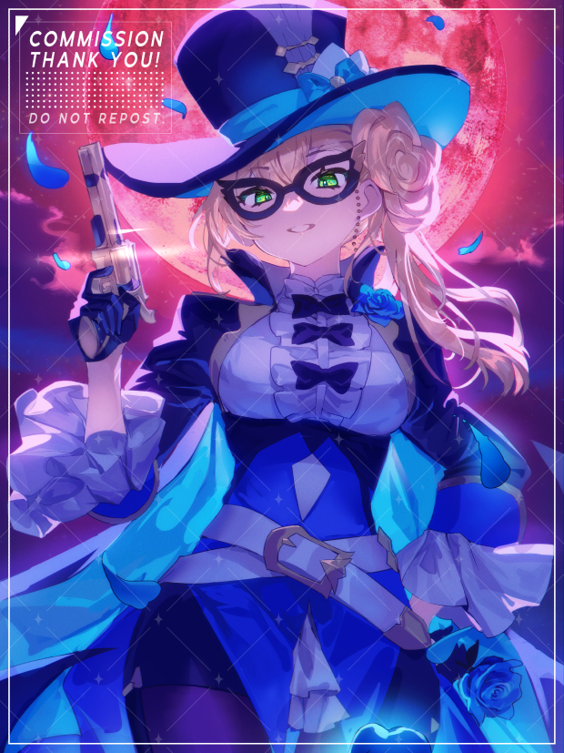 1girl black_gloves blue_flower blue_rose bow commission domino_mask dragalia_lost flower frilled_sleeves frills gloves green_eyes gun hair_bun hand_on_own_hip hat holding holding_flower holding_gun holding_weapon jacket lapis_(dragalia_lost) long_sleeves looking_at_viewer mask moon open_clothes open_jacket red_moon rose shionty side_ponytail single_hair_bun single_side_bun smile solo top_hat weapon white_hair