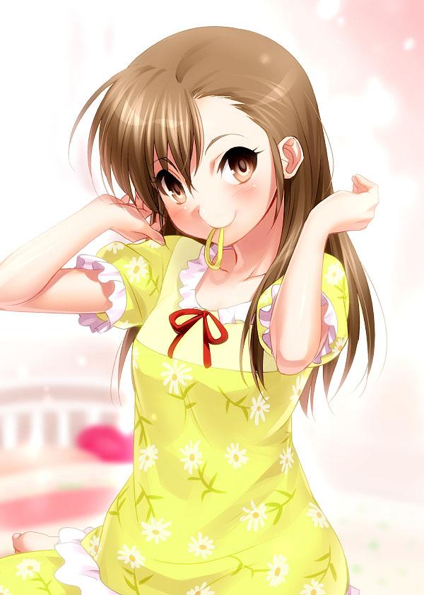 1girl blurry blurry_background blush brown_eyes brown_hair closed_mouth commentary_request dress eyelashes floral_print frilled_dress frills futami_mami green_dress hair_over_one_eye hair_tie_in_mouth hands_up idolmaster idolmaster_(classic) indoors long_hair looking_at_viewer mouth_hold puffy_short_sleeves puffy_sleeves red_ribbon ribbon short_sleeves sitting smile solo straight_hair upper_body zen_(kamuro)