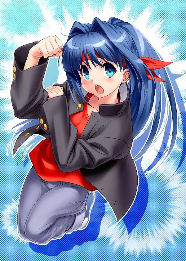 1girl alternate_hairstyle black_jacket blue_background blue_eyes blue_hair blush clenched_hand commentary_request company_connection cosplay denim floating_hair full_body hair_between_eyes hair_intakes hand_on_own_arm headband inohara_masato inohara_masato_(cosplay) jacket jeans kanon key_(company) legs_together little_busters! long_hair looking_at_viewer midair minase_nayuki open_clothes open_jacket open_mouth pants ponytail red_headband red_shirt shirt simple_background sleeves_past_wrists solo teeth upper_teeth_only v-shaped_eyebrows very_long_hair wide_sleeves zen_(kamuro)