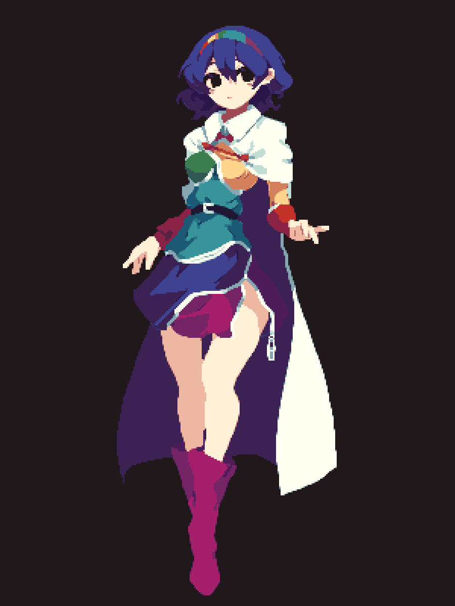 1girl 4qw5 bare_legs belt black_background black_eyes blue_hair boots breasts cape collared_cape dress full_body hairband highres looking_at_viewer medium_breasts medium_hair multicolored_clothes multicolored_hairband patchwork_clothes pixel_art purple_footwear rainbow_order simple_background solo standing tenkyuu_chimata touhou white_cape zipper zipper_pull_tab