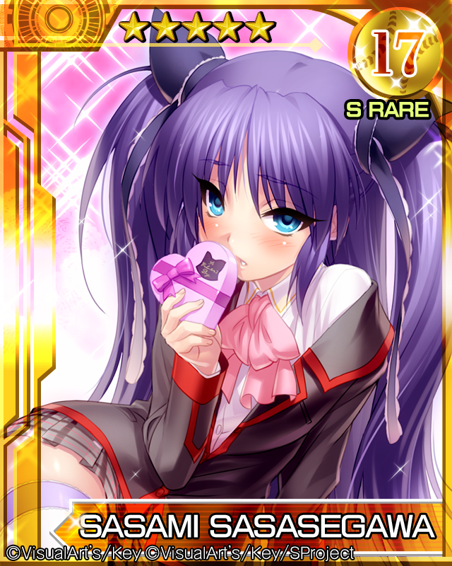 1girl arm_support black_jacket black_ribbon blue_eyes blush bow box character_name commentary_request company_name eyelashes eyes_visible_through_hair frilled_ribbon frills gift grey_skirt hair_between_eyes hair_ribbon hand_up heart-shaped_box holding holding_gift jacket lips little_busters! long_hair long_sleeves looking_at_viewer miniskirt off_shoulder parted_lips pink_bow plaid plaid_skirt pleated_skirt purple_hair ribbon sasasegawa_sasami school_uniform shirt shy sidelocks sitting skirt solo sparkle straight_hair thigh-highs two_side_up upturned_eyes valentine very_long_hair white_shirt white_thighhighs yokozuwari zen_(kamuro) zettai_ryouiki