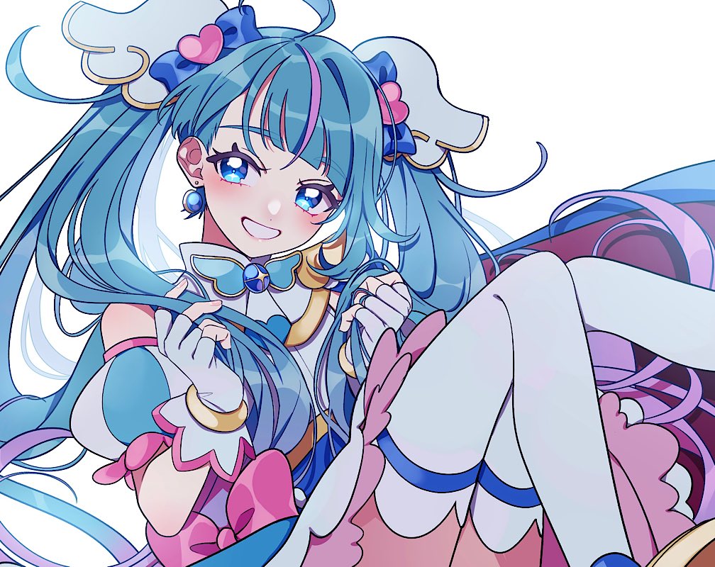 1girl ahoge blue_cape blue_eyes blue_hair brooch cape cure_sky detached_sleeves earrings fingerless_gloves glove_bow gloves grin hirogaru_sky!_precure holding holding_hair jewelry magical_girl precure puffy_detached_sleeves puffy_sleeves single_earring single_sidelock smile solo sora_harewataru thigh-highs touka_moru04 twintails two-sided_cape two-sided_fabric white_gloves white_thighhighs wing_brooch wing_hair_ornament