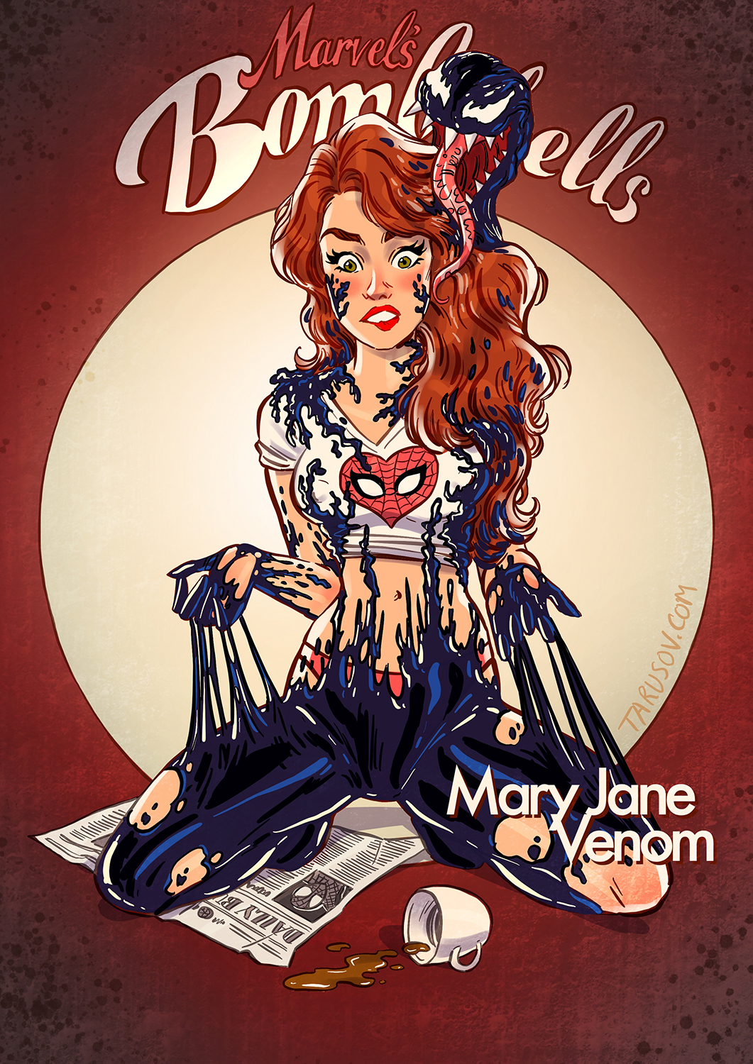 1girl 1other character_name coffee_cup crop_top cropped_shirt cup disposable_cup green_eyes heart highres kneeling long_hair marvel mary_jane_watson newspaper open_mouth orange_hair pinup_(style) shirt spider-man_(series) tarusov tongue tongue_out venom_(marvel) white_shirt