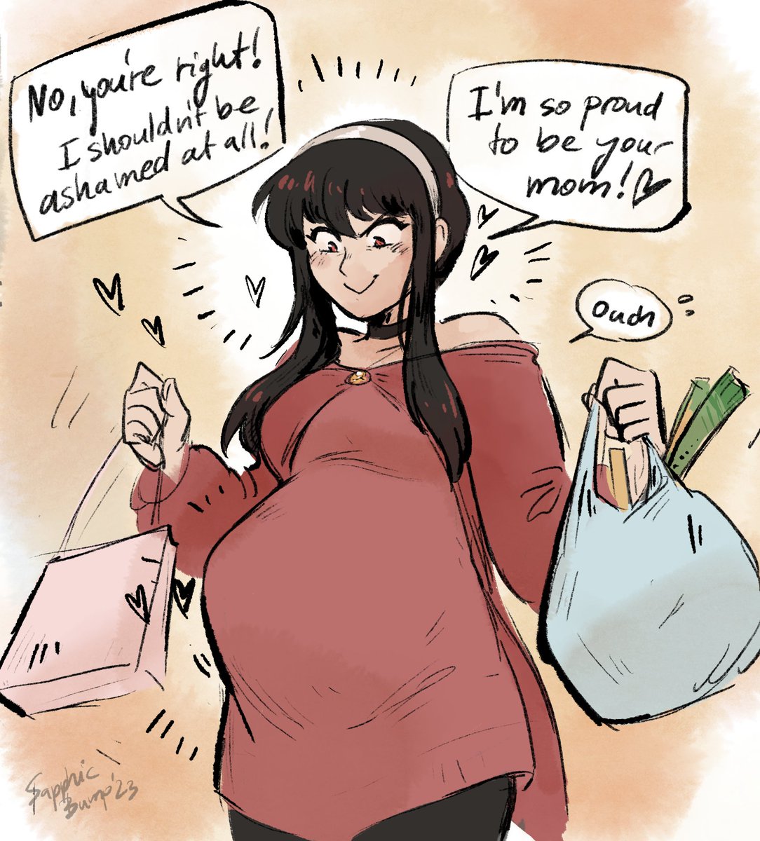 1girl bare_shoulders big_belly black_hair blush breasts earrings gold_earrings hairband highres jewelry large_breasts long_hair off-shoulder_sweater off_shoulder pregnant red_eyes red_sweater sapphicbump sidelocks spy_x_family sweater white_hairband yor_briar