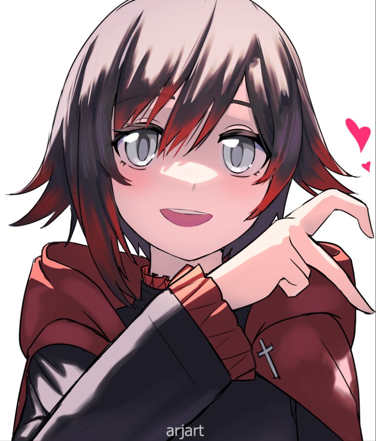1girl ar_jart artist_name black_hair cape commentary gradient_hair grey_eyes heart heart_hands multicolored_hair open_mouth red_cape redhead ruby_rose rwby short_hair symbol-only_commentary white_background