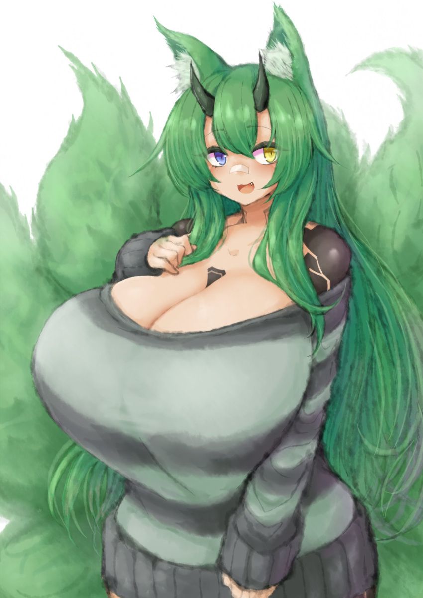 bandaid bandaid_on_nose breasts cleavage curvy fang fox_ears fox_tail green_hair heterochromia horns huge_breasts kitsune multiple_tails open_mouth original phantasy_star phantasy_star_online_2 solo striped sweater tattoo tsutsune_(pyobbo) very_long_hair