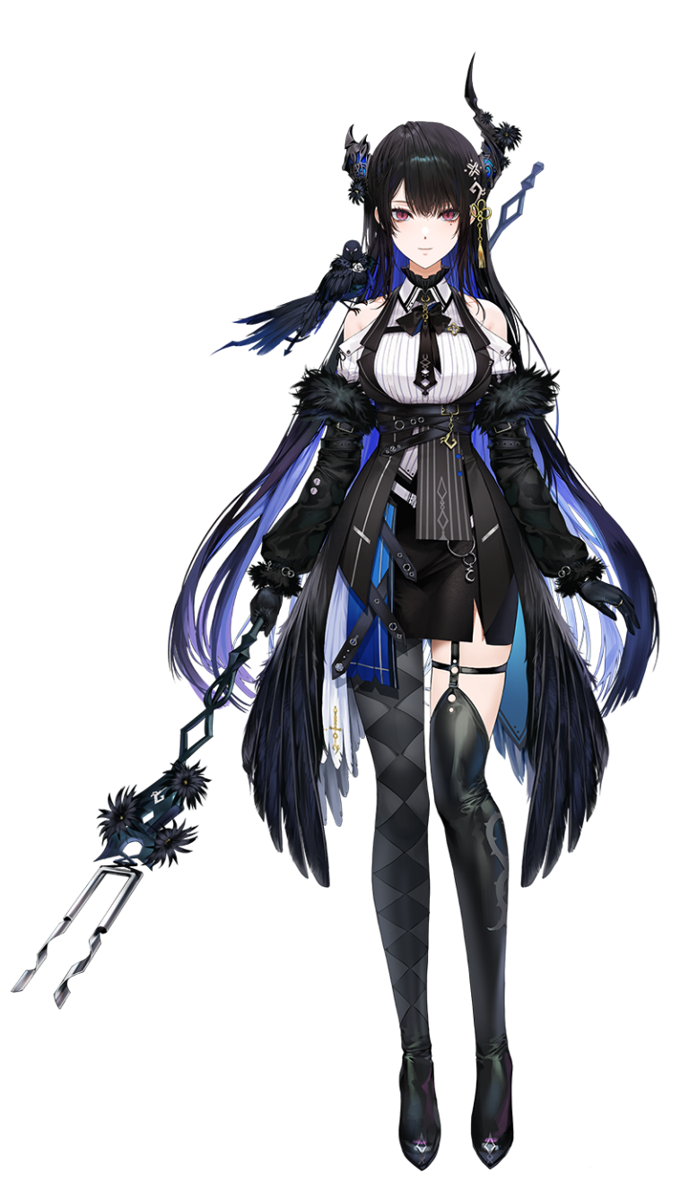 1girl animal_on_shoulder bare_shoulders bird bird_on_shoulder black_gloves black_hair black_leggings black_thighhighs blue_hair crow gloves hair_ornament highres holding holding_polearm holding_weapon hololive hololive_english horns kim_eb leggings mole mole_under_eye multicolored_hair nerissa_ravencroft official_art polearm red_eyes single_thighhigh solo thigh-highs virtual_youtuber weapon