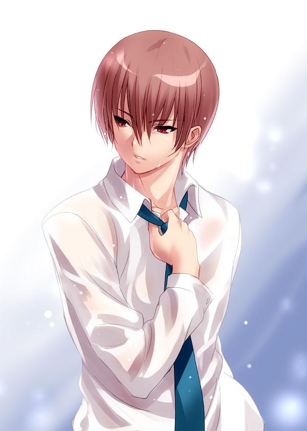 1boy adjusting_clothes adjusting_necktie blue_background blue_necktie brown_hair commentary_request dress_shirt eyelashes eyes_visible_through_hair hair_between_eyes hand_up lips little_busters! long_sleeves looking_to_the_side natsume_kyousuke necktie nose one-hour_drawing_challenge parted_lips red_eyes see-through see-through_shirt shirt short_hair simple_background solo upper_body wet wet_clothes white_background white_shirt zen_(kamuro)