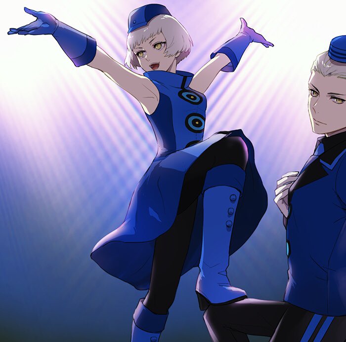 1boy 1girl arms_up black_pants black_pantyhose blue_dress blue_footwear blue_gloves blue_headwear blue_jacket boots breasts closed_mouth dress elizabeth_(persona) gloves grey_hair hat isa_(peien516) jacket medium_breasts open_mouth pants pantyhose persona persona_3 persona_3_portable simple_background theodore_(persona) white_gloves yellow_eyes