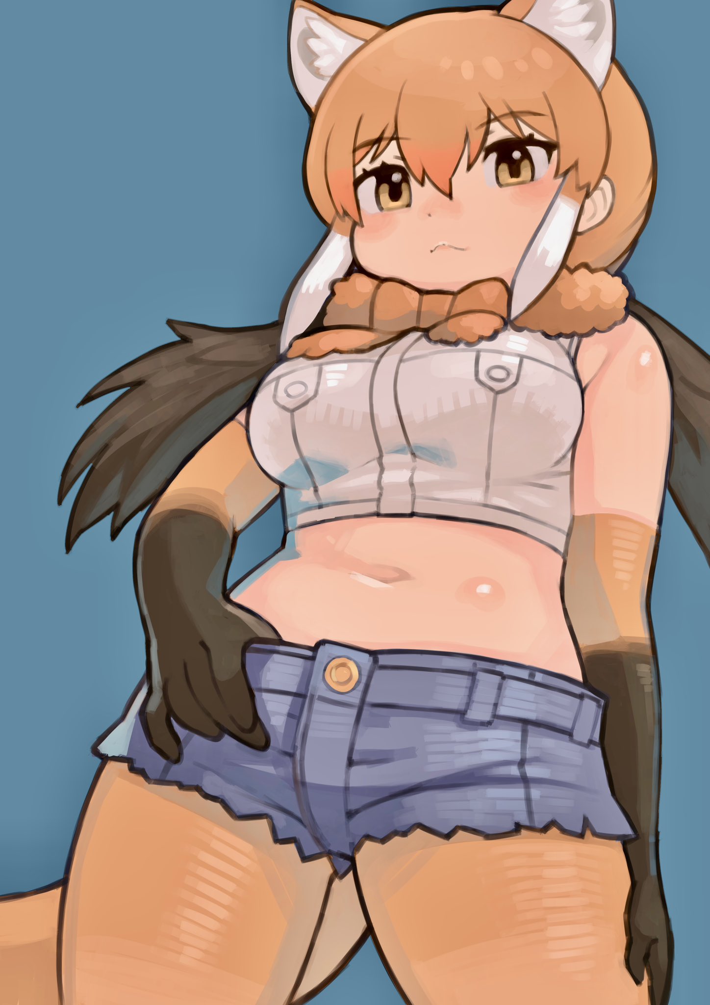 1girl :&lt; bare_shoulders blush bow bowtie brown_gloves brown_hair cowboy_shot cutoffs denim denim_shorts elbow_gloves extra_ears from_below fur_collar gloves hand_in_pants highres kemono_friends kemono_friends_3 looking_at_viewer maned_wolf_(kemono_friends) midriff navel orange_bow orange_bowtie orange_eyes orange_fur orange_gloves orange_hair orange_pantyhose pantyhose rinx shirt short_shorts shorts sidelocks sleeveless solo twintails two-tone_gloves white_hair white_shirt