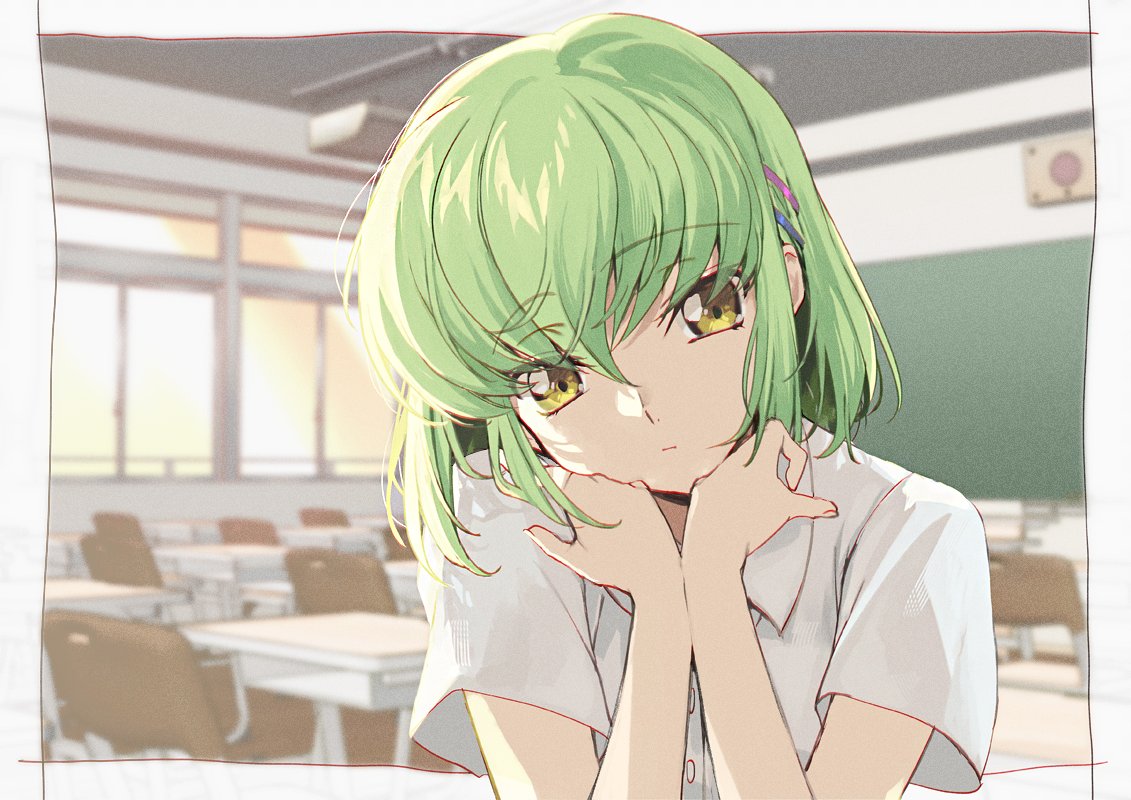 1girl c.c. closed_mouth code_geass commentary_request creayus green_hair hair_between_eyes hair_ornament hairclip indoors looking_at_viewer shirt short_hair solo white_shirt yellow_eyes