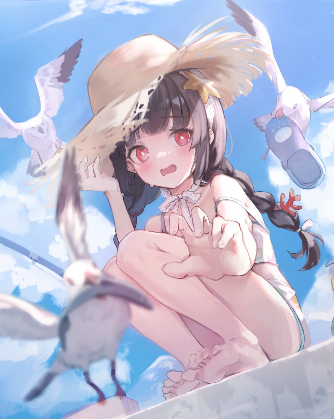 1girl barefoot bikini bird black_hair blue_archive blue_sky blunt_bangs blush braid clouds commentary_request day feet foreshortening hair_ornament hat highres knees_up kyaroru legs looking_at_viewer low_twin_braids low_twintails miyu_(blue_archive) miyu_(swimsuit)_(blue_archive) official_alternate_costume outdoors outstretched_arm red_eyes seagull sky soles solo squatting star_(symbol) star_hair_ornament strap_slip straw_hat sweatdrop swimsuit toes twin_braids twintails white_bikini