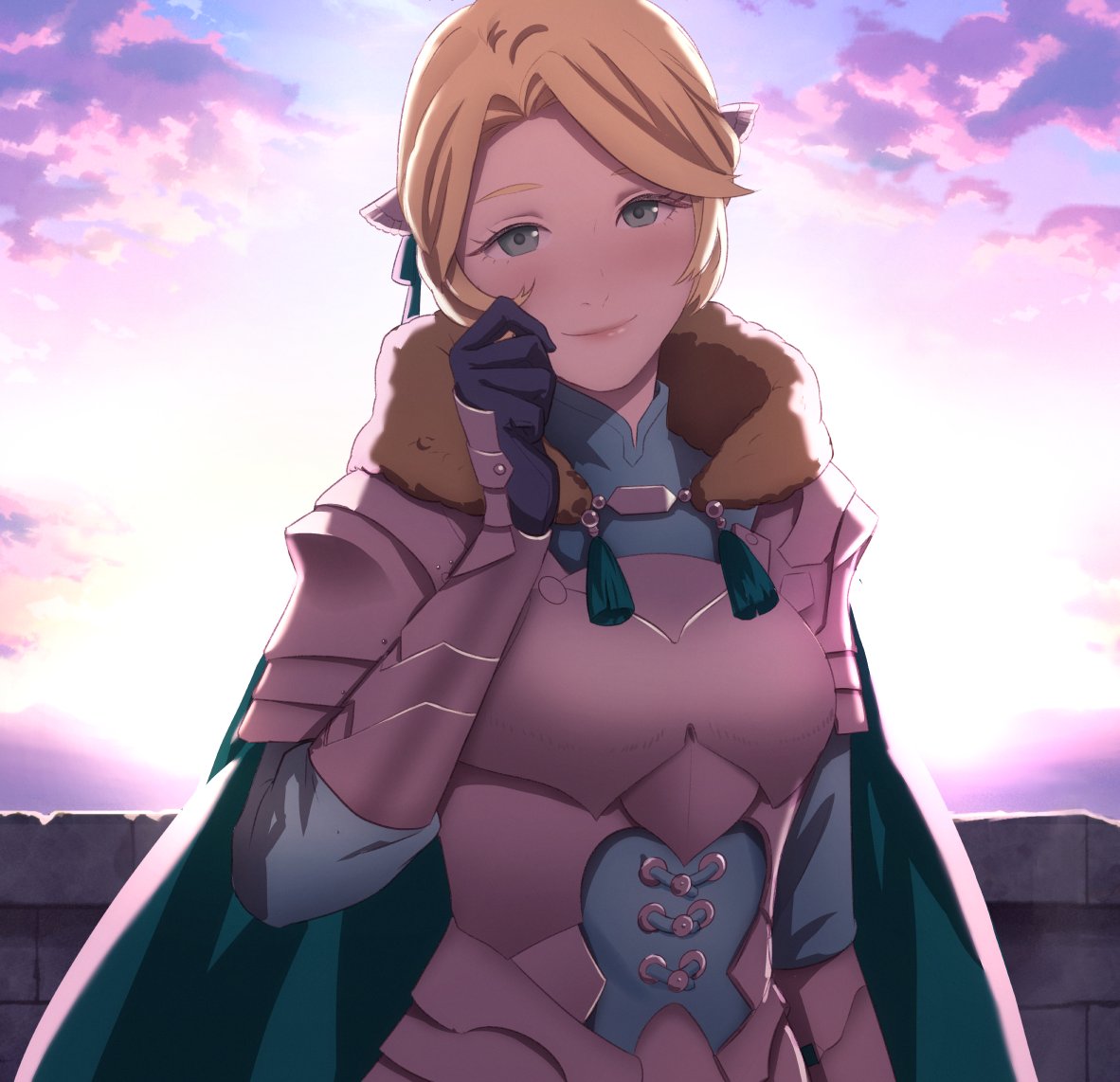 1girl armor balcony blonde_hair cape clouds fire_emblem fire_emblem:_three_houses gloves green_eyes ingrid_brandl_galatea long_sleeves looking_at_viewer outdoors pomelomelon shirt short_hair sky smile solo