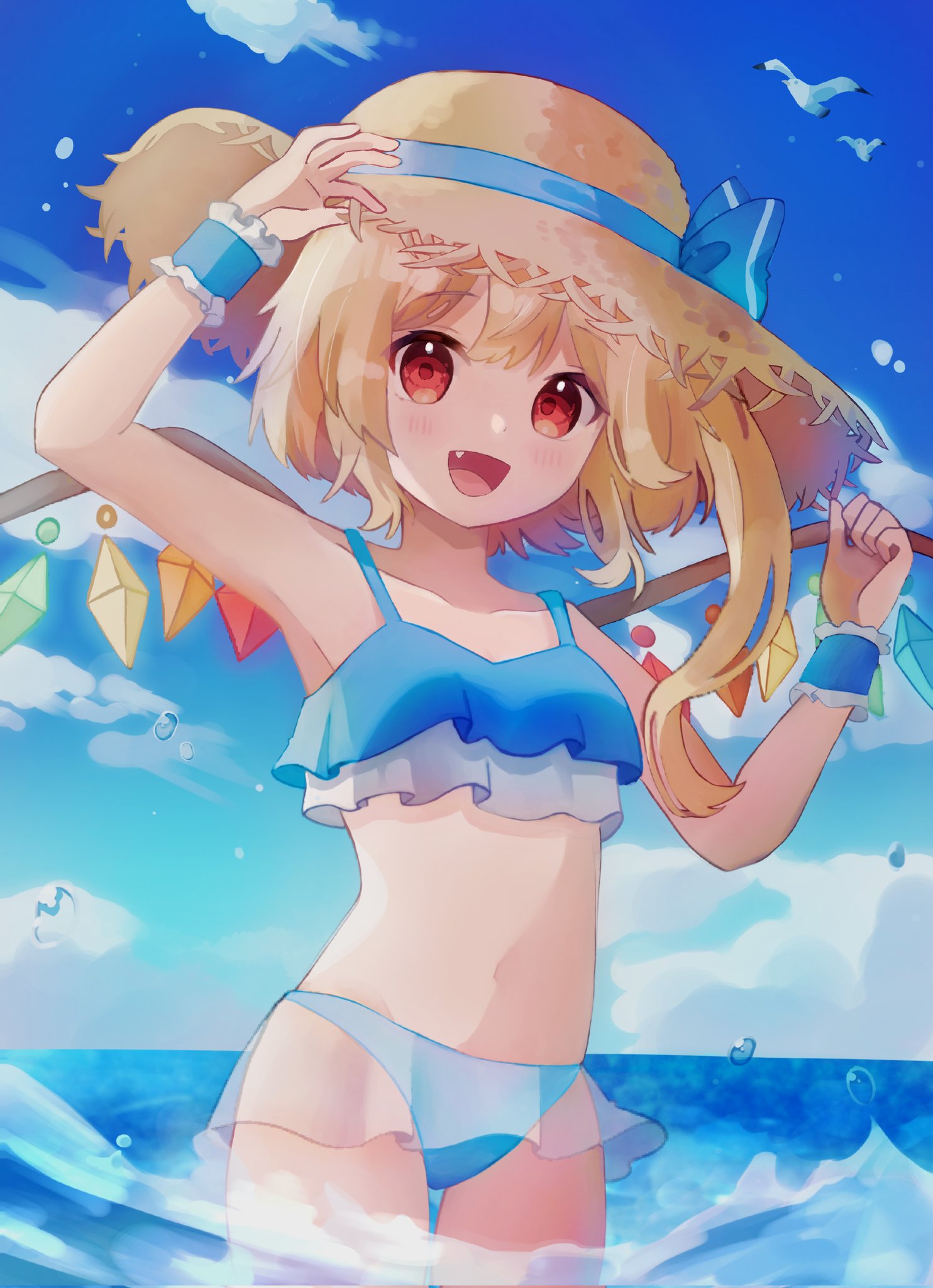 1girl :d bikini bird blonde_hair blue_bikini blue_sky clouds commentary day fang flandre_scarlet frilled_bikini frills hat highres looking_at_viewer navel nene_man ocean open_mouth outdoors red_eyes seagull sky smile solo straw_hat swimsuit touhou wading water water_drop wings wrist_cuffs