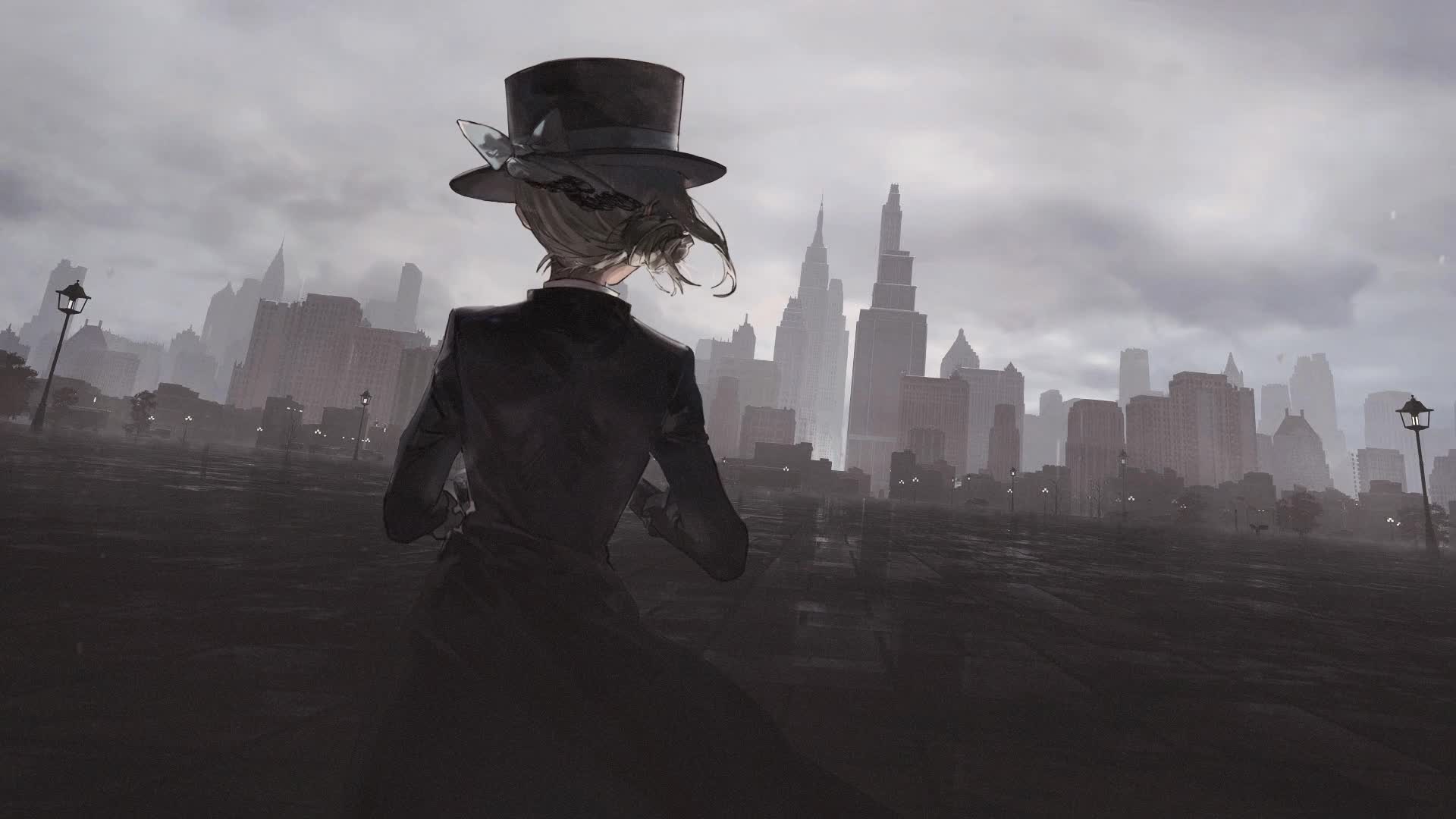 1girl black_coat black_headwear blue_bow boater_hat bow building coat cowboy_shot day dutch_angle empire_state_building facing_away from_behind grey_hair hair_bun hat hat_bow highres lamppost new_york official_art outdoors overcast reverse:1999 short_hair single_side_bun sky solo stone_floor vertin_(reverse:1999)