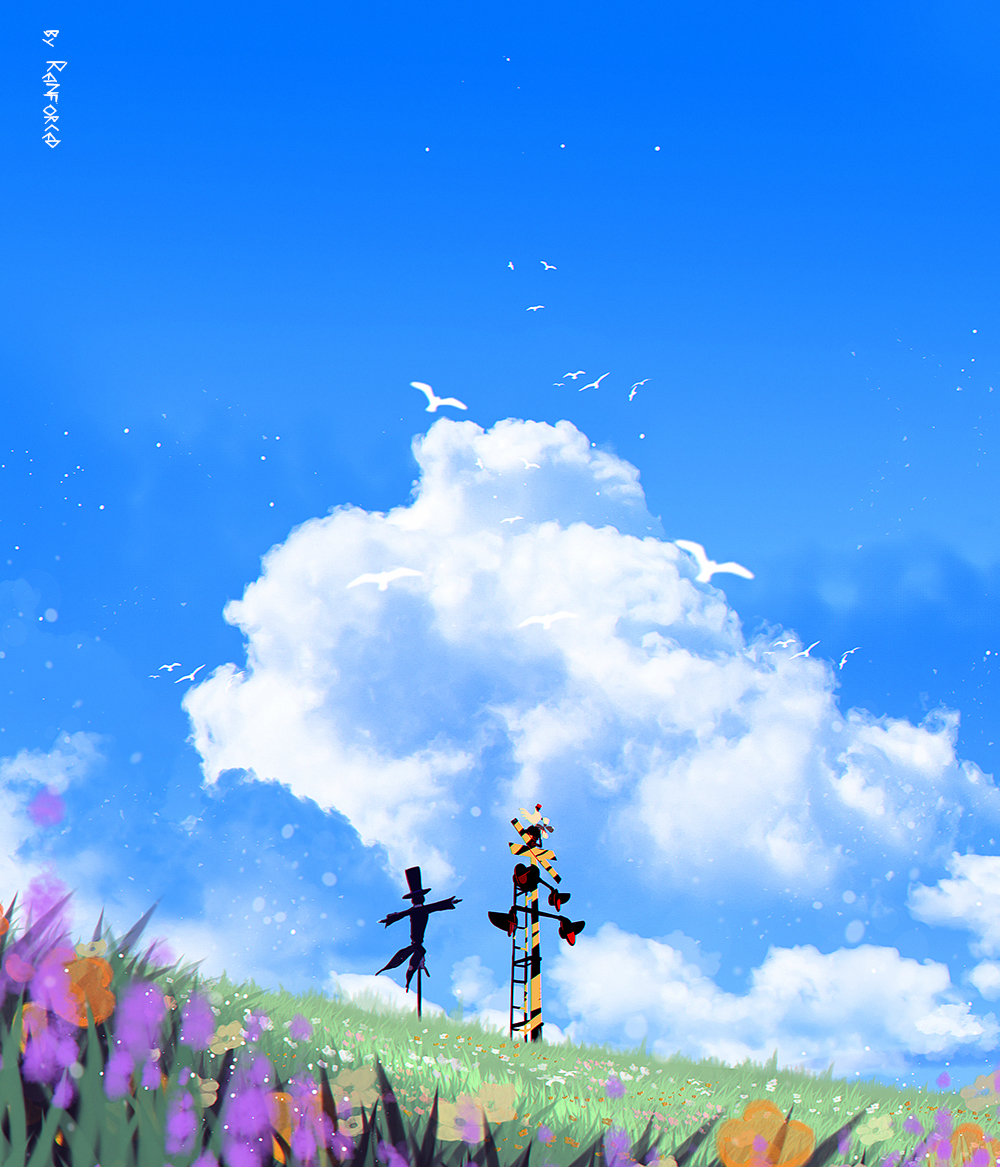 artist_name bird blue_sky clouds cloudy_sky day english_commentary field flower no_humans original outdoors reinforced scarecrow scenery sky