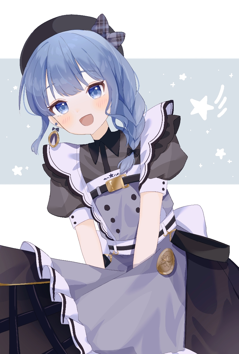 1girl :d apron beret black_bow black_bra black_dress black_headwear blue_eyes blue_hair blush bow bowtie bra braid collared_dress commentary_request cowboy_shot dress earrings grey_apron hat hat_bow hololive hoshimachi_suisei hoshimachi_suisei_(6th_costume) jewelry long_hair looking_at_viewer maid maid_apron official_alternate_costume open_mouth piko_pinapi plaid plaid_bow plaid_bowtie puffy_short_sleeves puffy_sleeves short_hair short_sleeves smile solo star_(symbol) star_in_eye symbol_in_eye underwear virtual_youtuber white_background