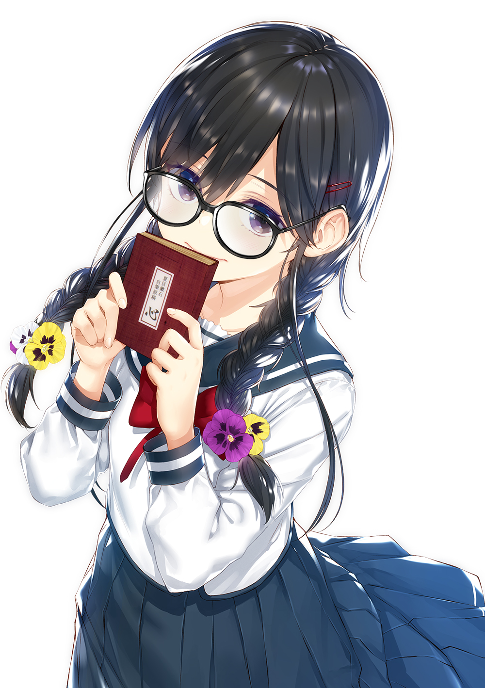 1girl black-framed_eyewear black_hair blue_sailor_collar blue_skirt book bow bowtie braid buriki closed_mouth cover cover_page covering_mouth flower glasses hair_flower hair_ornament hairpin hands_up highres holding holding_book long_hair long_sleeves looking_at_viewer looking_up novel_cover novel_illustration official_art ore_wo_suki_nano_wa_omae_dake_ka_yo pansy pleated_skirt red_bow red_bowtie sailor_collar sanshokuin_sumireko school_uniform serafuku shirt skirt solo twin_braids violet_eyes white_shirt