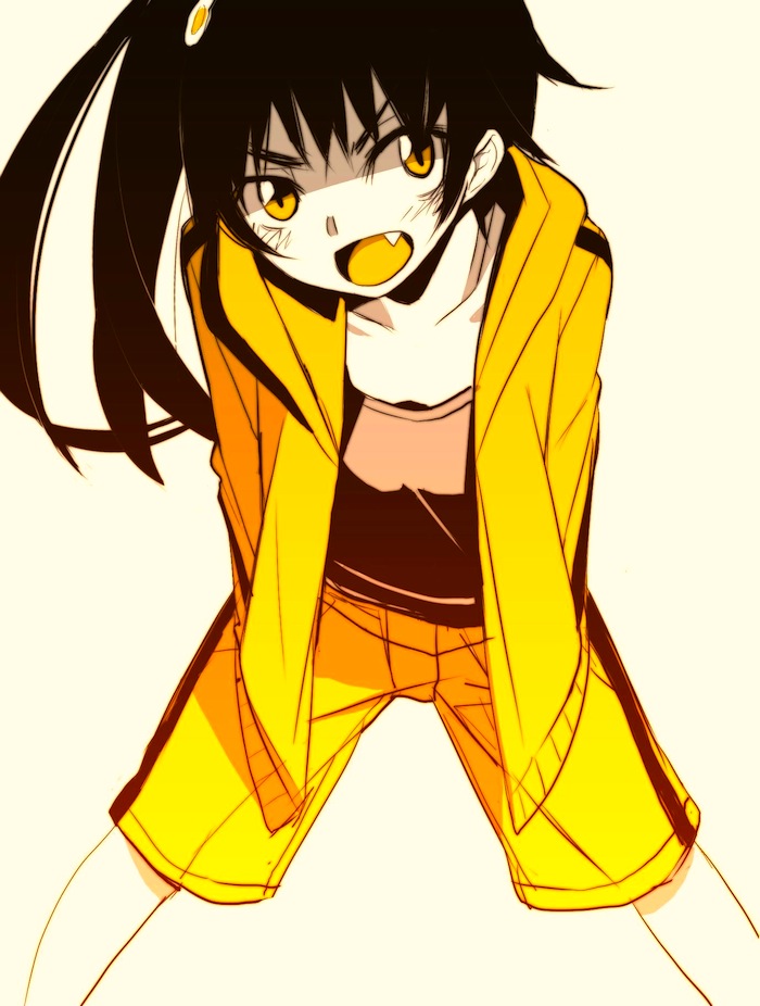 1girl araragi_karen arms_behind_back black_hair black_shirt clip_studio_paint_(medium) collarbone commentary egg_hair_ornament fang feet_out_of_frame food-themed_hair_ornament hair_ornament jacket leaning_forward limited_palette long_hair long_sleeves monogatari_(series) nisemonogatari open_clothes open_jacket open_mouth shirt shorts side_ponytail simple_background solo sorethroat yellow_jacket yellow_shorts