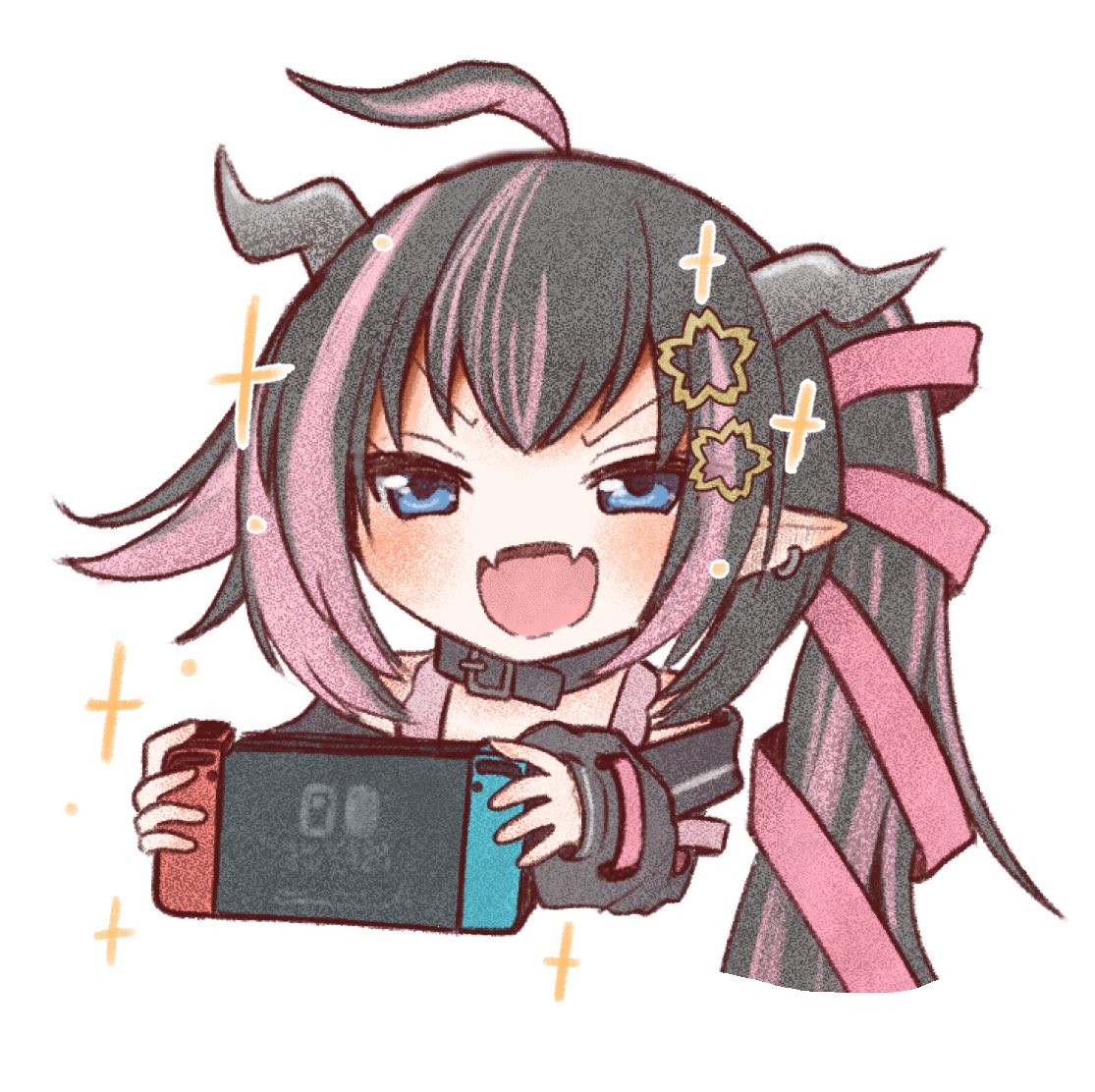 1girl :d ahoge belt belt_collar black_belt black_hair black_jacket blue_eyes blush chibi collar commentary cropped_torso demon_girl demon_horns fangs flower grey_horns hair_flower hair_ornament hair_ribbon handheld_game_console holding holding_handheld_game_console horns jacket long_hair long_sleeves looking_at_viewer multicolored_hair nanashi_inc. nintendo_switch off_shoulder oinomori_may one_side_up open_mouth pink_hair pink_ribbon pointy_ears powercandy ribbon simple_background smile solo sparkle symbol-only_commentary two-tone_hair upper_body virtual_youtuber white_background