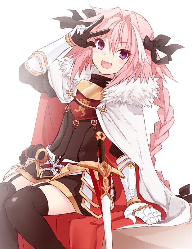 1boy :d arm_support armor armored_dress asami_yuriko astolfo_(fate) black_thighhighs braid braided_ponytail cape commentary_request cowboy_shot fang fate/apocrypha fate_(series) fur-trimmed_cape fur_trim garter_straps hair_between_eyes hair_intakes hand_up leaning_back long_hair looking_at_viewer open_mouth otoko_no_ko pink_hair simple_background sitting skin_fang smile solo sword thigh-highs v-shaped_eyebrows very_long_hair violet_eyes w w_over_eye weapon white_background white_cape white_fur zettai_ryouiki
