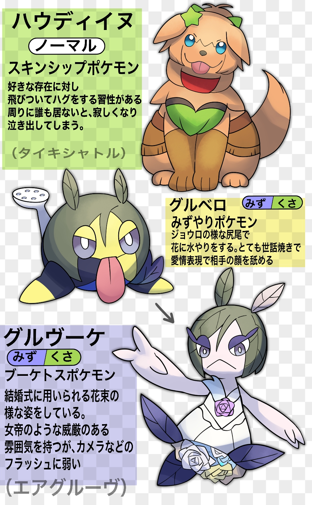 3others air_groove_(quercus_civilis)_(umamusume) air_groove_(umamusume) blue_eyes checkered_background evolutionary_line fakemon full_body grey_eyes highres katwo looking_at_viewer multiple_others no_humans official_style parody pokemon pokemon_(creature) simple_background style_parody taiki_shuttle_(umamusume) tongue tongue_out umamusume