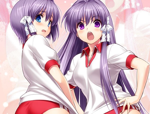 2girls blue_eyes blush bow buruma clannad clothes_pull commentary_request eyelashes eyes_visible_through_hair frown fujibayashi_kyou fujibayashi_ryou gym_uniform hair_between_eyes hair_bow hair_intakes hair_ribbon hands_on_own_hips long_hair looking_at_viewer looking_back multiple_girls open_mouth pink_background pulled_by_self red_buruma ribbon shirt shirt_pull short_hair short_sleeves siblings sidelocks simple_background sisters straight_hair teeth twins upper_teeth_only very_long_hair violet_eyes white_bow white_ribbon white_shirt zen_(kamuro)
