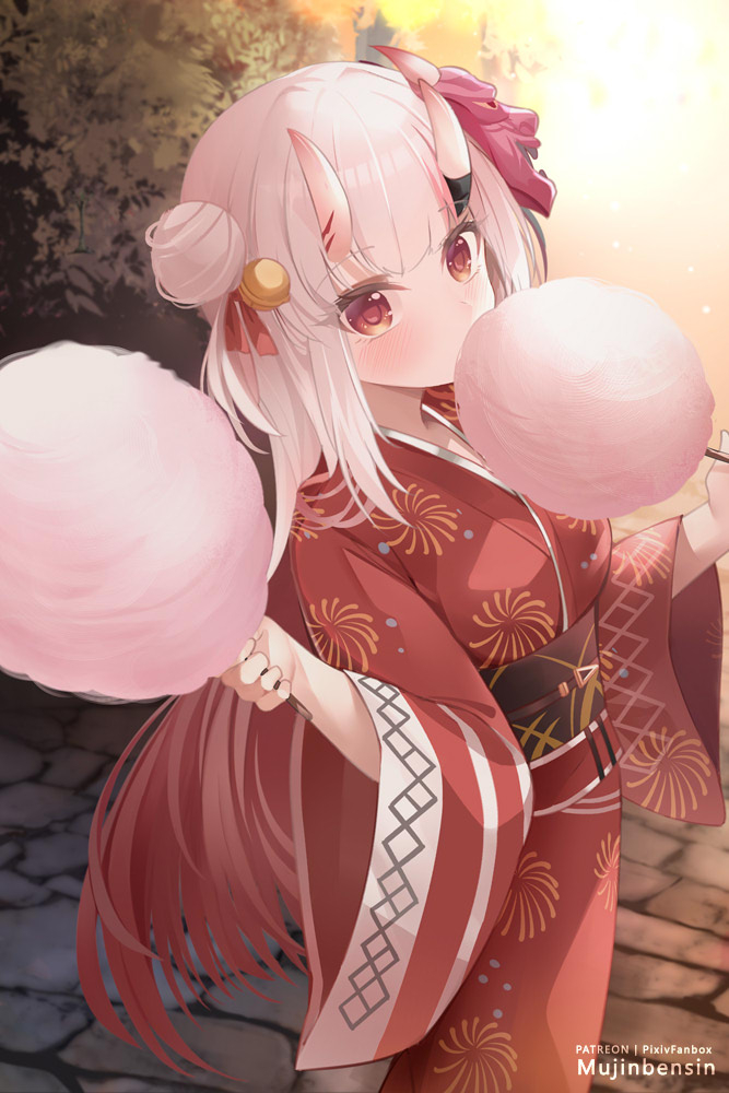 1girl alternate_costume bell blush center-flap_bangs cotton_candy double_bun gradient_hair hair_bell hair_bun hair_ornament hololive horns japanese_clothes jingle_bell kimono long_hair looking_at_viewer mask mask_on_head mujinbensin multicolored_hair nakiri_ayame nakiri_ayame_(4th_costume) obi oni_horns oni_mask paid_reward_available red_eyes red_kimono redhead sash skin-covered_horns solo streaked_hair tassel tassel_hair_ornament two_side_up virtual_youtuber white_hair wide_sleeves yukata