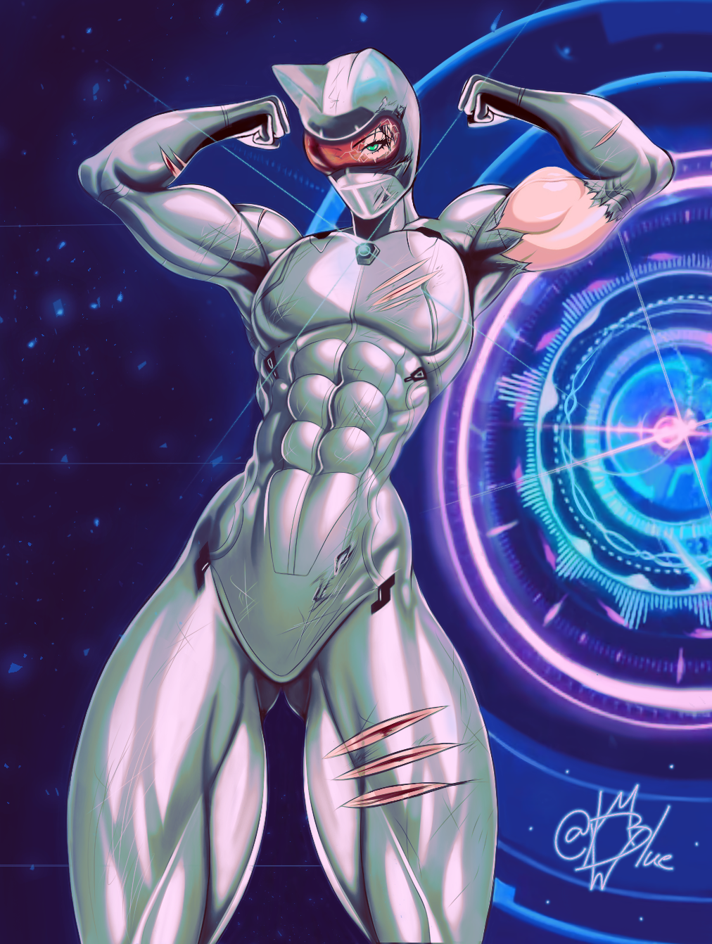 1girl abs animal_ears arms_up ass_visible_through_thighs biceps bodysuit capcom cat_ears damaged exoprimal faceless flexing helmet highres mostlybluewyatt muscular muscular_female pectorals solo thick_thighs thighs vigilant_(exoprimal)