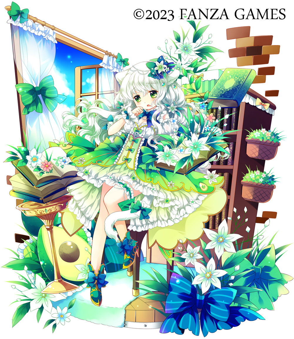 1girl animal_ears avocado_(fruits_fulcute!) blue_bow blue_footwear blue_sky book bookshelf bow brick_wall cat_ears cat_girl cat_tail clouds cloudy_sky commentary_request curtains day dress flower frilled_dress frills fruits_fulcute! green_bow green_dress green_eyes grey_hair hair_between_eyes long_hair official_art open_book open_mouth open_window pink_flower sakurazawa_izumi shoes simple_background sky solo striped striped_bow tail tail_bow tail_ornament transparent very_long_hair white_background white_flower window