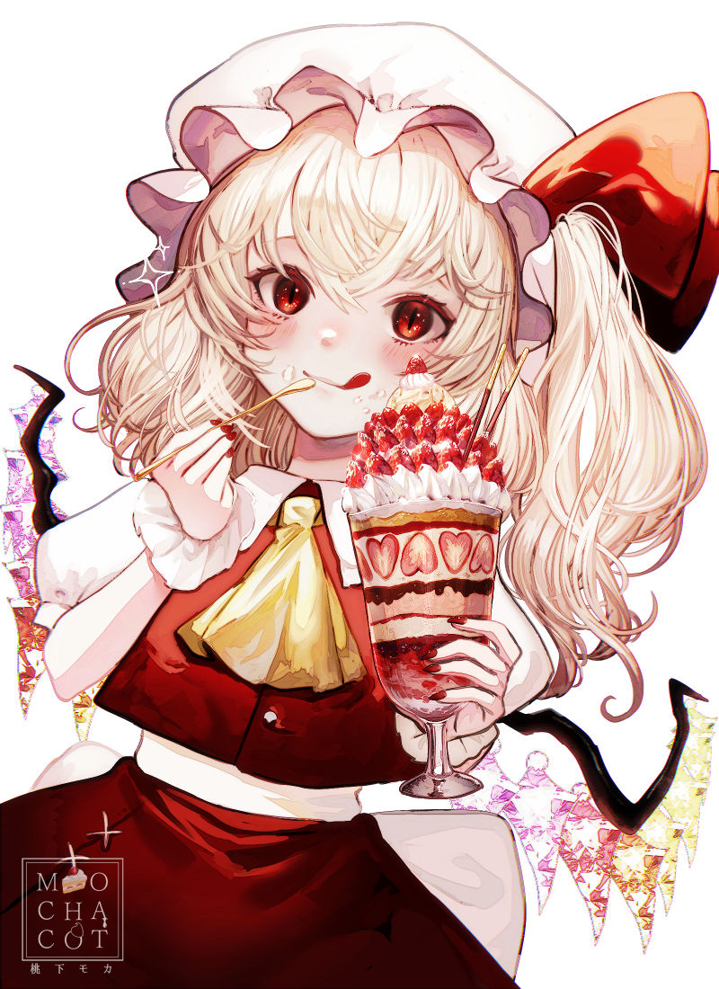 1girl artist_logo artist_name ascot blonde_hair blush closed_mouth collared_shirt crystal fingernails flandre_scarlet food hair_between_eyes hat holding holding_spoon long_hair mob_cap mochacot nail_polish one_side_up parfait red_eyes red_nails red_skirt red_vest shirt simple_background skirt smile solo spoon tongue tongue_out touhou vest white_background white_headwear white_shirt wings yellow_ascot