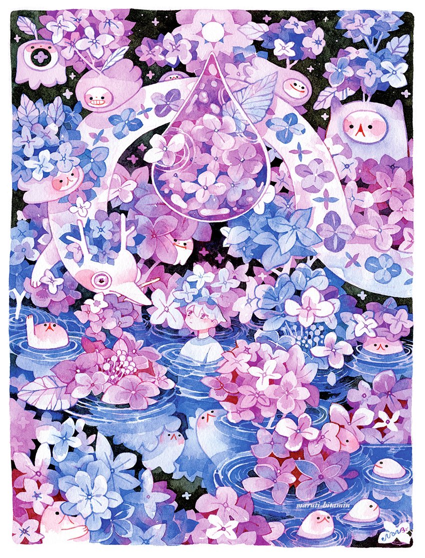 1boy 6+others :&lt; artist_name blue_hair creature flower_in_mouth horns leaf looking_up maruti_bitamin multiple_others night original painting_(medium) partially_submerged short_hair surreal too_many_flowers traditional_media violet_eyes water water_drop watercolor_(medium)