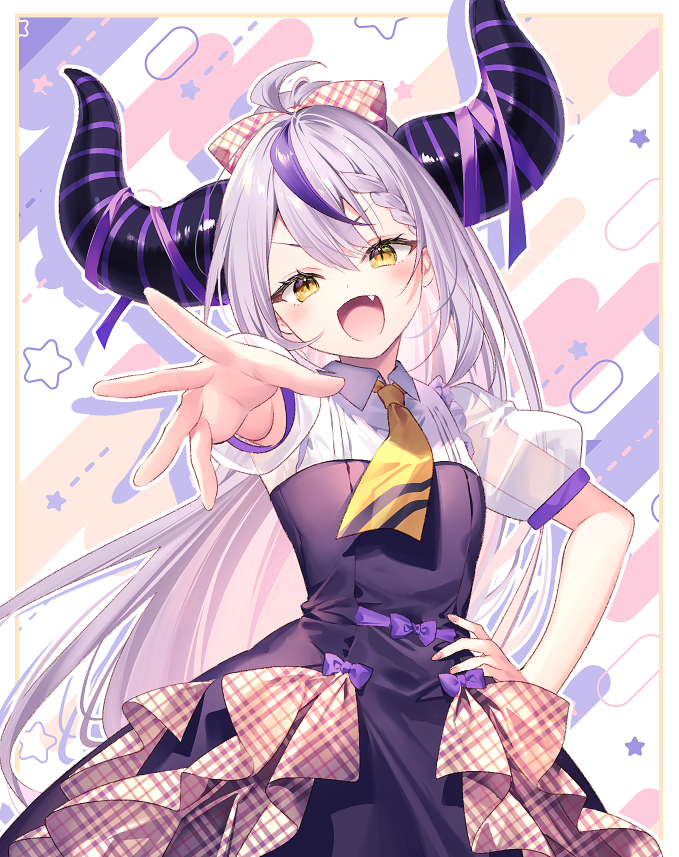 1girl ahoge black_horns blonde_hair bow braid collared_dress dress fang flat_chest grey_hair hair_bow hand_on_own_hip hololive horn_ornament horn_ribbon horns la+_darknesss la+_darknesss_(1st_costume) large_horns long_hair multicolored_clothes multicolored_dress multicolored_hair necktie open_mouth plaid plaid_bow purple_bow purple_hair reaching reaching_towards_viewer ribbon riichu see-through see-through_sleeves slit_pupils solo star_(symbol) streaked_hair striped_horns yellow_necktie