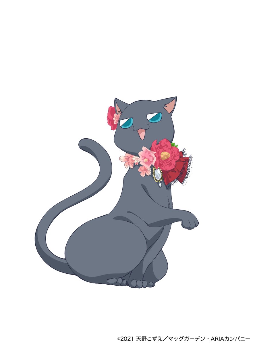 aria ascot black_cat blue_eyes cat copyright copyright_name flower highres hime_granzchesta looking_to_the_side no_humans official_art open_mouth pink_flower red_ascot red_flower simple_background sitting white_background