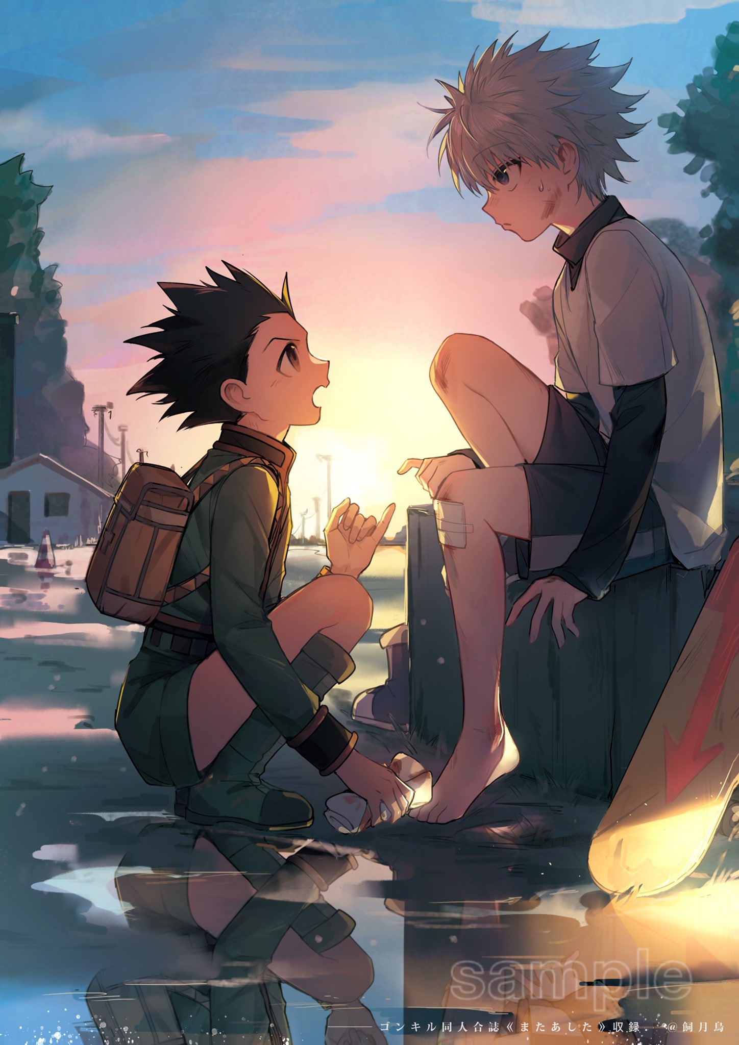 2boys backpack bag barefoot black_hair boots closed_mouth dirty from_side gauze gon_freecss grey_hair highres hunter_x_hunter jacket kiko killua_zoldyck layered_sleeves long_sleeves male_focus multiple_boys open_mouth outdoors pinky_swear profile puddle sample_watermark shirt shorts sitting skateboard spiky_hair sweat water