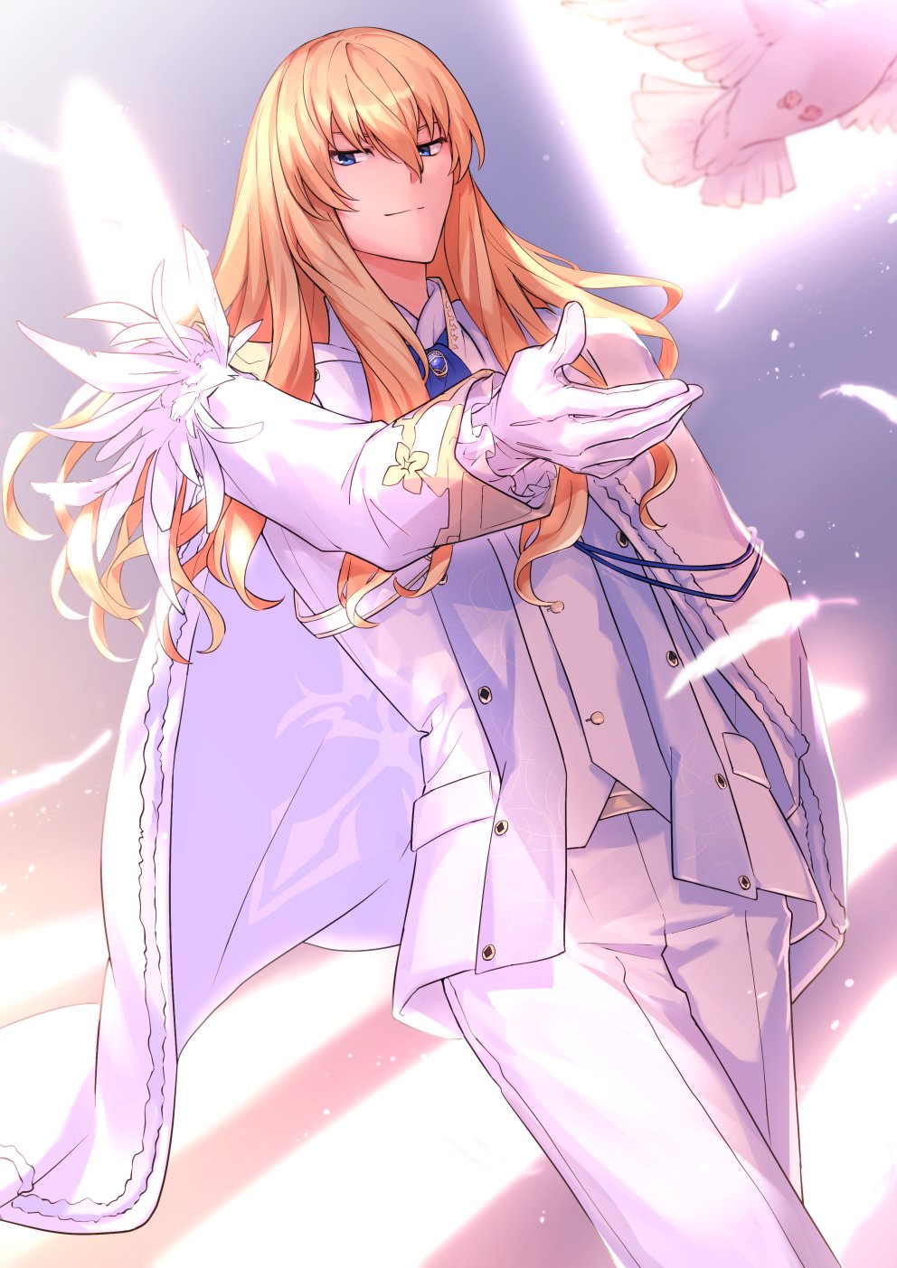 1boy ascot bird blonde_hair blue_ascot blue_brooch blue_eyes blurry blurry_background brooch buttons cape cowboy_shot crest dutch_angle falling_feathers fate/grand_order fate_(series) feathers frilled_sleeves frills gloves hair_between_eyes highres jacket jewelry kirschtaria_wodime light_particles long_hair long_sleeves looking_down male_focus outstretched_arm outstretched_hand pants sabamori sleeve_cuffs smile solo suit sunlight white_bird white_cape white_feathers white_gloves white_jacket white_pants white_suit