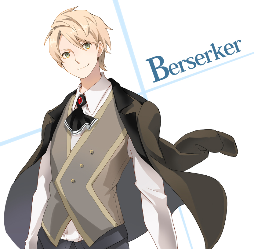 1boy ascot black_pants brown_jacket brown_vest chimakiaya closed_mouth collared_jacket collared_shirt english_text fate/grand_order fate_(series) green_eyes jacket jacket_on_shoulders jekyll_and_hyde_(fate) long_sleeves male_focus pants shirt smile solo upper_body vest white_background white_shirt