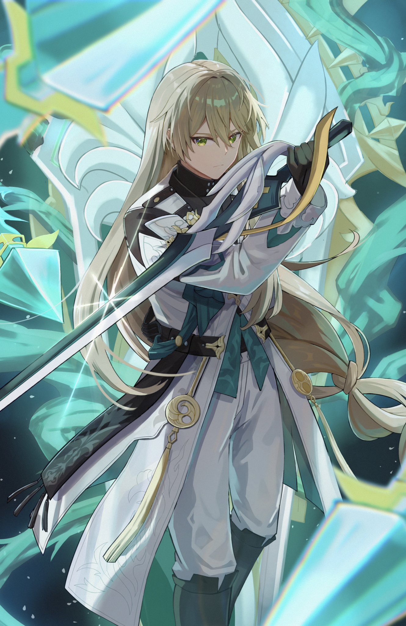 1boy aqua_vest black_background black_footwear black_gloves black_shirt blonde_hair bomberca309 boots closed_mouth coat coffin feet_out_of_frame fighting_stance gloves green_eyes hair_between_eyes highres holding holding_sword holding_weapon honkai:_star_rail honkai_(series) knee_boots light_particles long_hair long_sleeves looking_at_viewer low-tied_long_hair luocha_(honkai:_star_rail) male_focus pants plant serious shirt solo standing sword tassel vest vines weapon white_coat white_pants yaopei