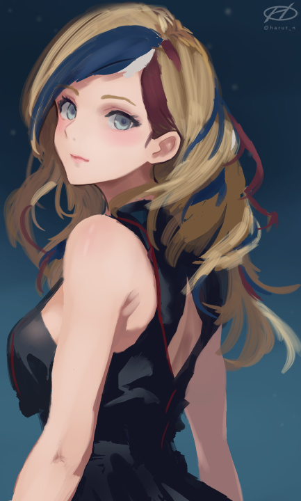 1girl alternate_costume black_dress blonde_hair blue_eyes blue_hair commandant_teste_(kancolle) dress gradient_background haruto_(harut_n) kantai_collection lips long_hair looking_at_viewer multicolored_hair night night_sky one-hour_drawing_challenge redhead sky solo streaked_hair white_hair