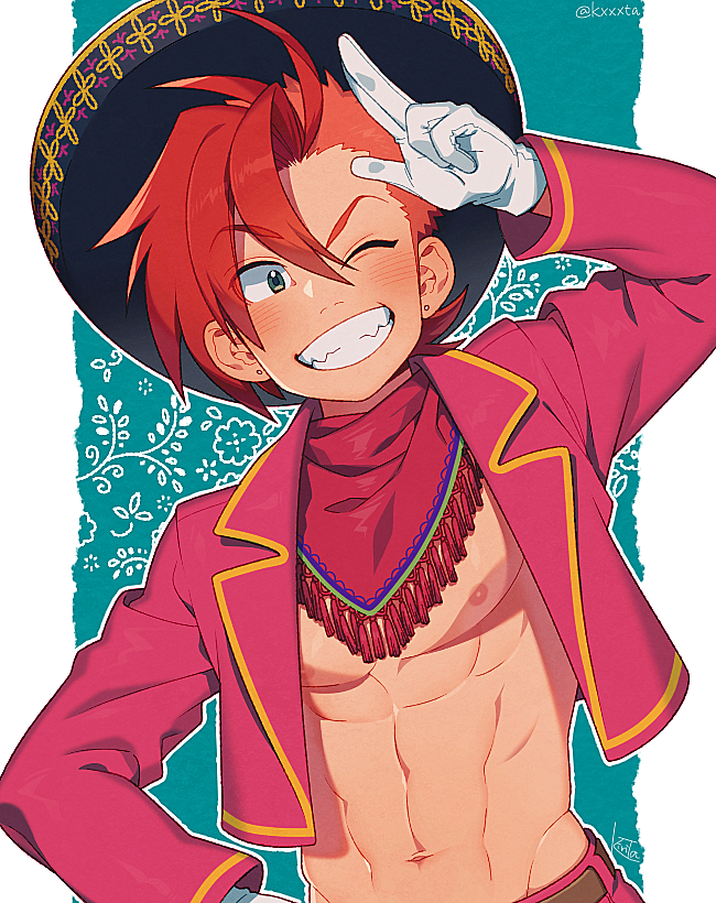 1boy abs belt blush brown_belt cropped_jacket earrings gloves grin hair_between_eyes hat humanization jacket jewelry kiri_futoshi long_sleeves male_focus mexican_clothes navel nostrils one_eye_closed panchito_pistoles pants red_jacket red_pants redhead smile sombrero the_three_caballeros upper_body white_gloves