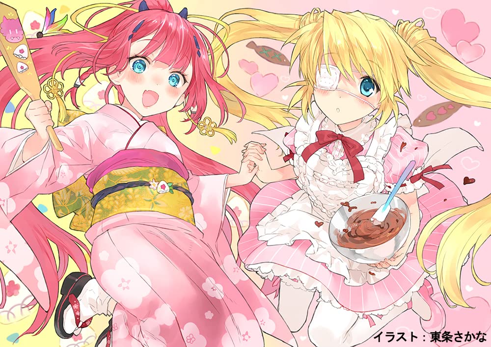 2girls :d alternate_costume apron aqua_eyes blonde_hair blunt_bangs blush braid cherry_blossom_print chocolate company_connection crossover dress enmaided expressionless eyelashes eyepatch fang feet_out_of_frame floating_hair floral_print frilled_apron frilled_sleeves frills geta hair_between_eyes hair_ornament hairclip hairstyle_connection hand_up happy holding holding_cooking_pot holding_hands holding_racket interlocked_fingers japanese_clothes kamiyama_shiki key_(company) kimono long_hair long_sleeves looking_at_viewer maid maid_apron mary_janes midair multiple_girls nakatsu_shizuru one_eye_covered open_mouth parted_lips pink_dress pink_footwear pink_kimono pinstripe_dress pinstripe_pattern ponytail puffy_short_sleeves puffy_sleeves racket red_ribbon redhead rewrite ribbon ribbon-trimmed_sleeves ribbon_trim sash shoes short_sleeves smile straight_hair striped summer_pockets tabi tassel tassel_hair_ornament third-party_source toujou_sakana twin_braids twintails underwear very_long_hair white_apron white_panties wide_sleeves yellow_sash yellow_tassel