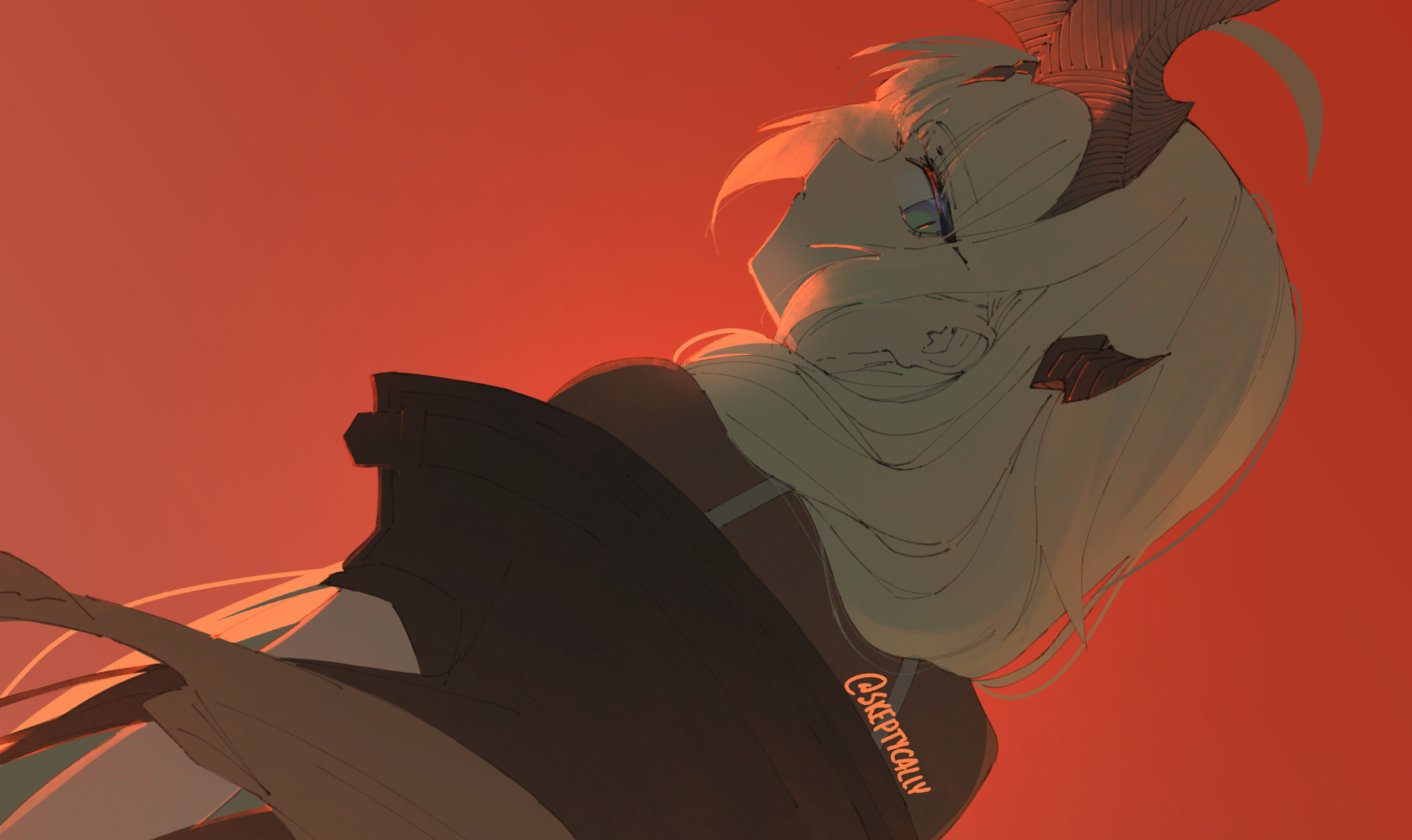 1girl arknights black_shirt blonde_hair blue_eyes dragon_horns dutch_angle from_behind horns long_hair looking_at_viewer looking_back orange_background reed_(arknights) reed_the_flame_shadow_(arknights) shirt sideways_glance skeptycally solo twitter_username upper_body