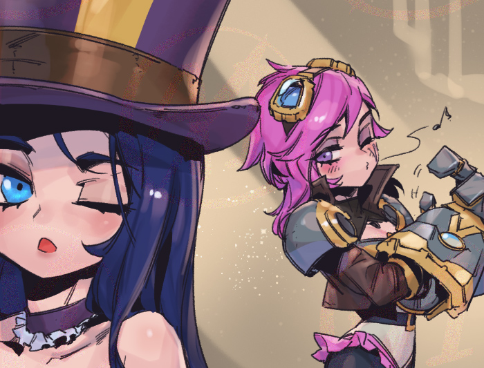 2girls ;o bare_shoulders black_hair black_pants brown_background brown_jacket caitlyn_(league_of_legends) choker cropped_jacket frilled_choker frills gauntlets goggles goggles_on_head hat jacket league_of_legends long_hair looking_at_another looking_at_viewer medium_hair multiple_girls musical_note one_eye_closed pants phantom_ix_row pink_eyes pink_hair purple_choker purple_headwear shoulder_plates top_hat vi_(league_of_legends) whistle