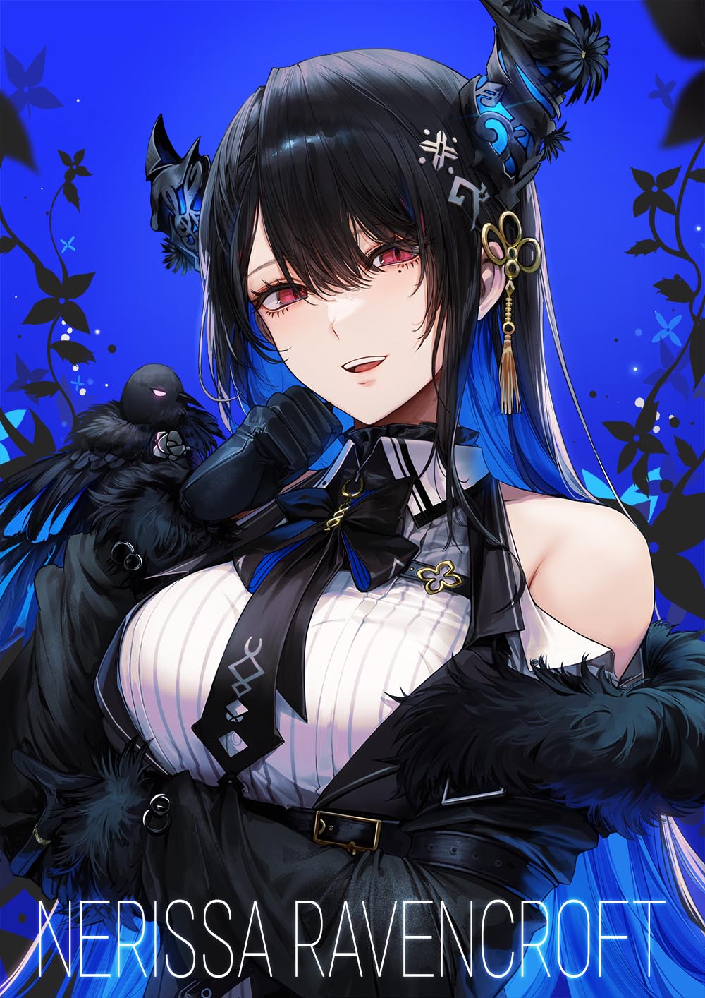 1girl arm_under_breasts bird black_gloves black_hair character_name colored_inner_hair crow english_commentary fur_trim gloves hair_ornament highres hololive hololive_english horns kim_eb long_hair looking_at_viewer mole mole_under_eye multicolored_hair nerissa_ravencroft red_eyes shadow_(nerissa_ravencroft) solo upper_body virtual_youtuber