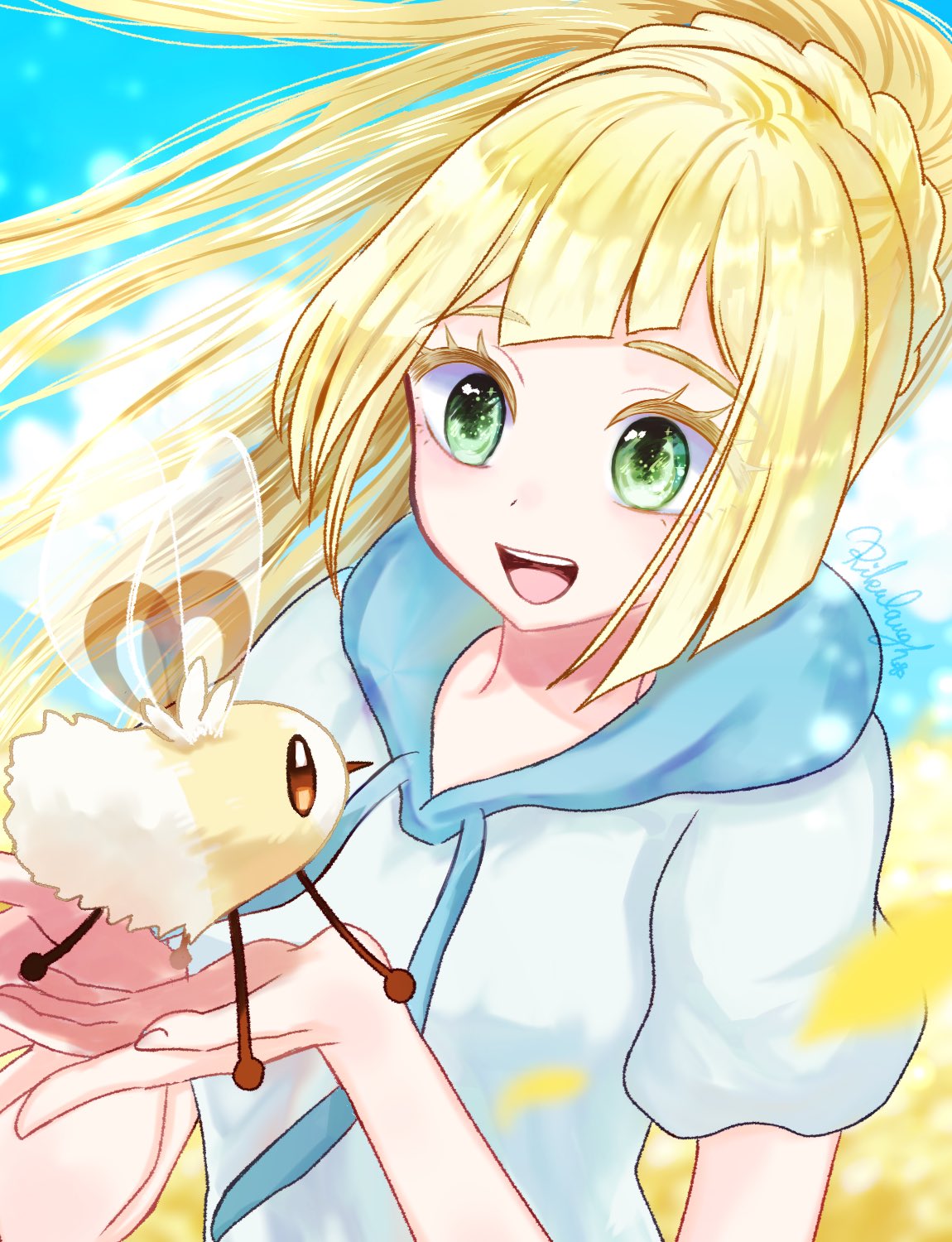 1girl blonde_hair blunt_bangs clouds cloudy_sky colored_eyelashes cutiefly day field flower flower_field green_eyes highres holding holding_pokemon lillie_(pokemon) long_hair open_mouth petals pokemon pokemon_(creature) pokemon_(game) pokemon_sm ponytail rikurou shirt sky smile teeth upper_teeth_only white_shirt