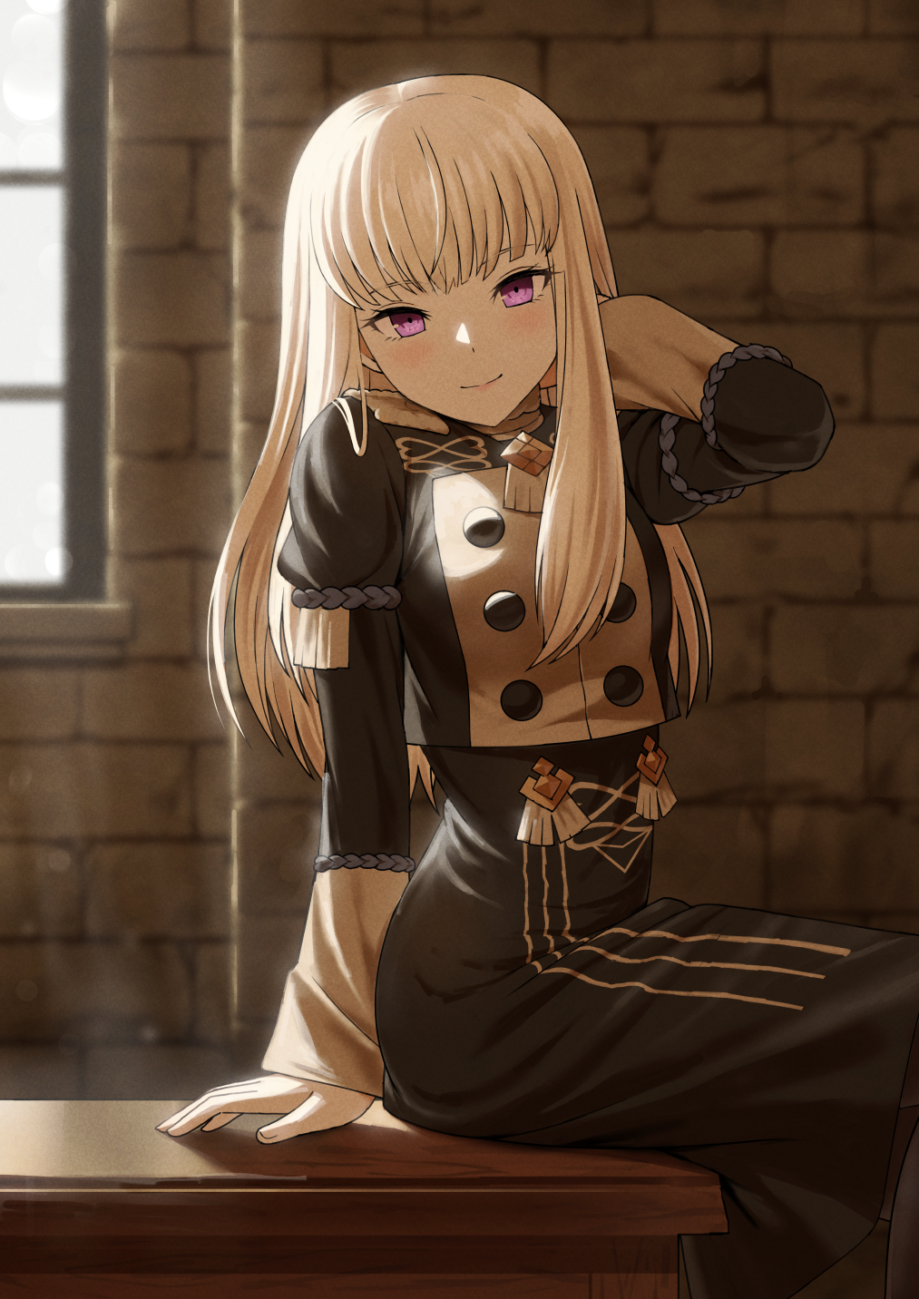 1girl arm_support blonde_hair buttons closed_mouth double-breasted fagi_(kakikaki) fire_emblem fire_emblem:_three_houses garreg_mach_monastery_uniform hand_in_own_hair hand_up highres indoors long_hair long_sleeves lysithea_von_ordelia pink_eyes smile solo stone_wall table wall window