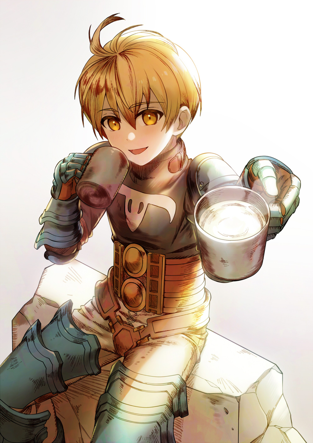 1boy ahoge armor belt black_shirt brown_eyes brown_hair cup dot_nose final_fantasy final_fantasy_tactics giving highres holding holding_cup long_sleeves male_focus open_mouth pants ramza_beoulve shirt short_hair sitting steam tomatsukaze white_background white_pants